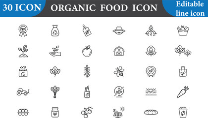 This organic food icon set features editable line icons on a white background. Perfect for illustrating healthy eating, farming, and sustainable living concepts in your designs.