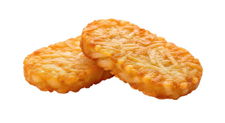 Close-up of two golden-brown, crispy potato patties on a black background
