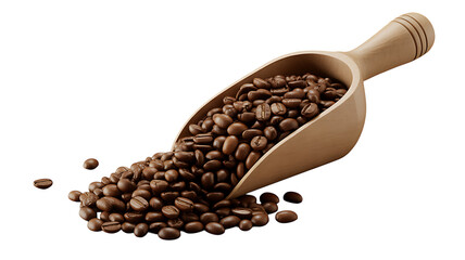Obraz premium Roasted Coffee Beans and Scoop: A close-up shot of roasted coffee beans spilling from a wooden scoop, the rich color and texture, capturing the essence of a fresh brew.