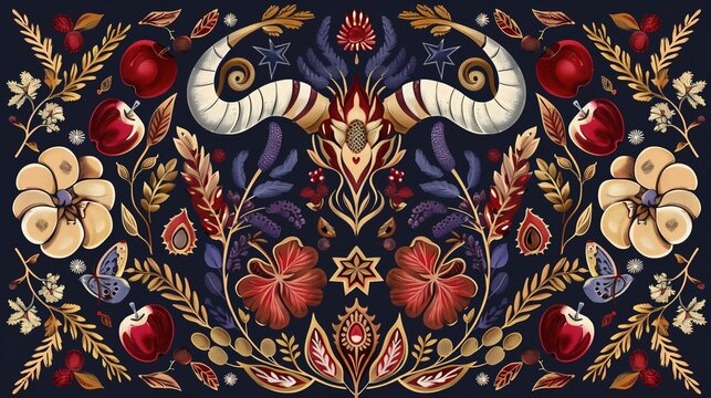 Rosh Hashanah and Yom Kippur,. Vibrant digital illustration of shofar (ram's horn) surrounded by autumn harvest elements, apples, honey, wheat stalks, stars of David, geometric patterns