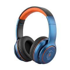 Modern, over-ear headphones with blue and orange accents