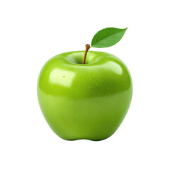 Close-up of a vibrant, glossy green apple with a leaf on a stark black backdrop