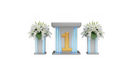 Golden number one trophy on podium with flower arrangements isolated on transparent background