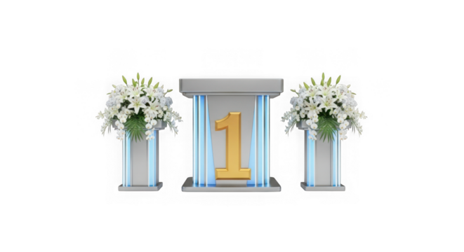 Golden number one trophy on podium with flower arrangements isolated on transparent background