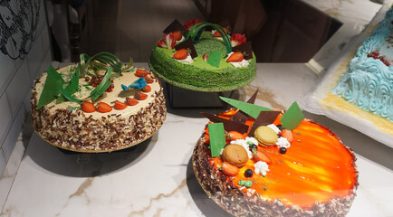 Dining Room Buffet aboard the abstract luxury cruise ship. Selective focus. Sweet cakes