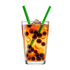 Refreshing drink with brown spheres, ice, and green straws, on a black backdrop