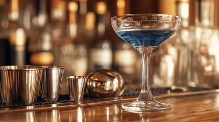 Elegant blue cocktails in martini glasses on bar counter. Sophisticated azure drinks with bar tools and shakers against golden background creating luxury nightlife and mixology concept.