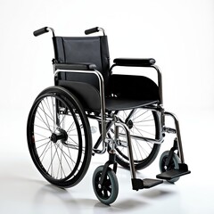 Fototapeta premium Chrome wheelchair stands alone on white backdrop. Modern medical equipment for mobility support. Black design with ergonomic features. Disability aid device. Healthcare concept. Equipment for indoor