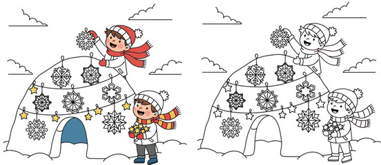 Children Decorating Igloo with Snowflakes and Stars - Winter Coloring Page