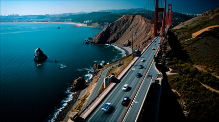 A panoramic view of a coastal highway with a bridge overlooking a body of water with a city skyline in the distance and a rocky cliff on the left