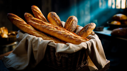 A basket of bread with sesame seeds on top wrapped in a cloth on a table