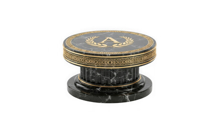 Antique ornate marble and brass inkwell with letter a isolated on transparent background