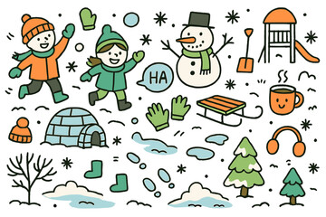 Fototapeta premium Winter Wonderland Playtime. Winter playtime. Hand-drawn doodle illustration snowballs (colored), children (colored), snowman (colored), winter hats (colored),