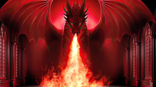 Epic dragon unleashes fire in a dark castle with glowing red backdrop and intricate stained glass windows