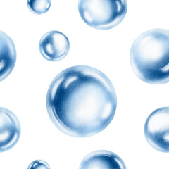 Seamless pattern of delicate air bubbles float in a serene aquatic dance,captured in soft blue watercolor monochrome.For ocean-inspired projects.Hand drawn illustration for aquatic template