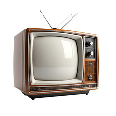 A classic wooden retro television with rabbit ear antenna against a black backdrop