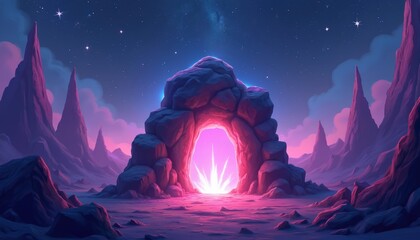 Obraz premium Cartoon magic portal with glowing pink energy burst in rock archway. Fantasy landscape features sharp purple mountains, blue starry sky. Alien planet gateway radiates bright light. Mystical