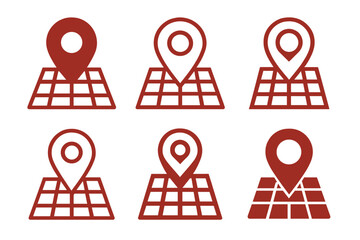 City Navigation Icons. A person navigating a city street with a map or GPS on their phone. Set Logo of location pin on street grid: harmonious logo variations