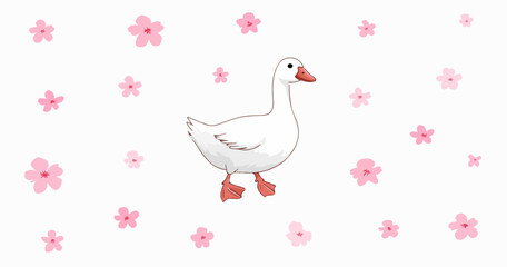 분홍색 꽃과 함께 귀여운 흰색 거위가 봄날의 평화로운 풍경을 연출합니다.