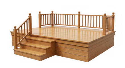 Wooden deck with stairs and railing isolated on transparent background
