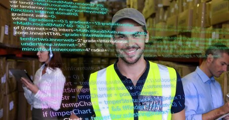 Colleague tapping tablet generating code overlay shifting to colorful boosting warehouse efficiency - Powered by Adobe