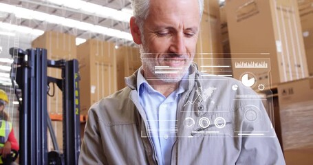 Warehouse manager entering stock data via stylus animating charts while forklift placing load - Powered by Adobe
