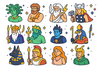 Obraz premium Mythical Beings Icons. Mythical beings. Colorful isometric vector icons set of mythical beings: Medusa, Hercules, Zeus, Thor, Odin, Poseidon, Hades, Ra,