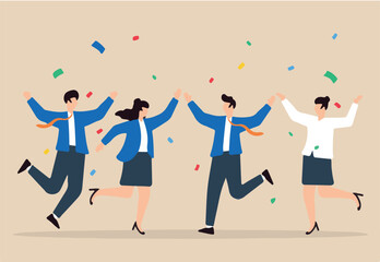 Flat illustration of diverse office workers jump to celebrate work achievement together representing joy and success