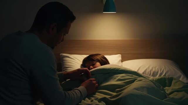 Caring parent tucking child into bed under warm light at night