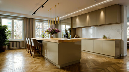 A modern kitchen with a large island wooden floors and a view of the city