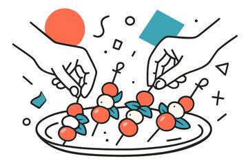 Vibrant Caprese Delight. Caprese Skewers. Hands arranging caprese skewers on a serving tray with floating abstract geometric shapes, fresh and vibrant moment.