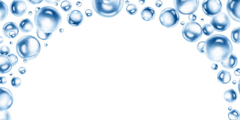 Delicate air bubbles float in cemicircular template,captured in soft blue watercolor monochrome.For ethereal designs and ocean-inspired projects.Hand drawn illustration for aquatic arrangements