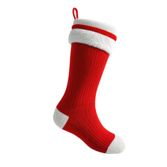 A red Christmas stocking with white trim, set against a transparent backdrop