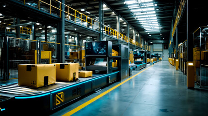An industrial setting with a conveyor belt carrying yellow boxes and a large screen displaying a graphical user interface