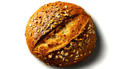 A close-up of a slice of bread with a crusty exterior and a soft interior topped with seeds
