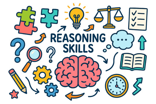 Reasoning Skills Doodle. reasoning skills. Colorful Hand-drawn doodle Children illustration reasoning skills brain, puzzle pieces, lightbulb, question mark,