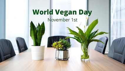 World vegan day celebration with office plants and meeting table