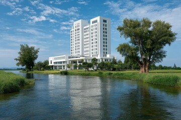 Fototapeta premium Modern white hospital building surrounded by lush greenery and a tranquil river