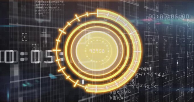 Fading in triple-ring HUD, rotating rings and updating digits while scrolling code for monitoring