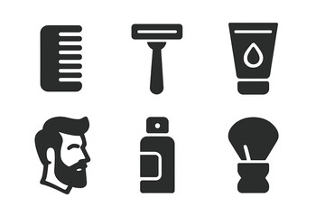 Grooming Kit Icons. Personal Appearance. Set Logo of Grooming Kit: Minimal outline, Negative space, Flat solid, Symmetrical form, Stylized detail, Iconic