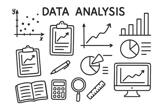 Data Analysis Doodles. Data Analysis. Hand-drawn doodle illustration Data Analysis line graph, bar chart, pie chart, scatter plot, axes, clipboard, pen,