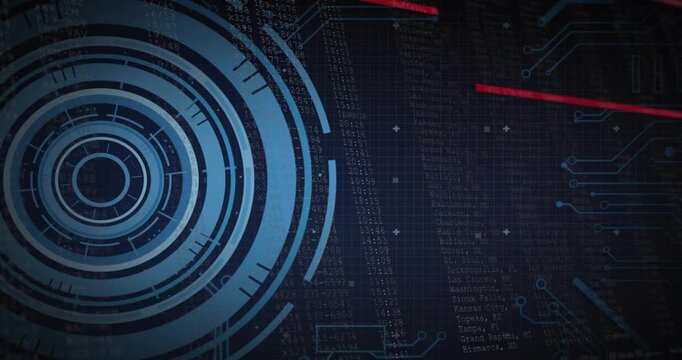 Circular interface materializing, code splitting and appending under scan line showing HUD styling
