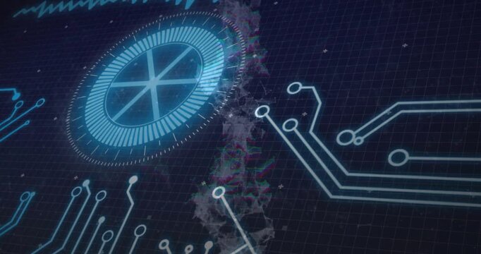 Wave pulse driving dashboard rotating glitch strip emerging as circuits lighting to show interface