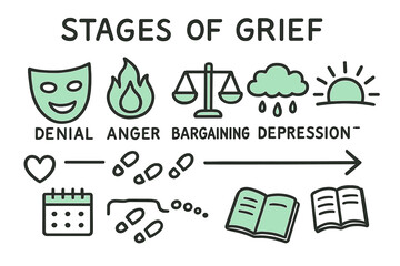 Stages of Grief Symbols. // Stages of grief. Hand-drawn doodle illustration Stages of grief [denial mask (accented), anger flame (accented), bargaining scales