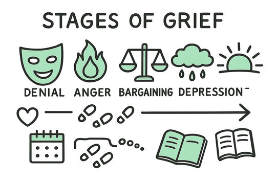 Stages of Grief Symbols. // Stages of grief. Hand-drawn doodle illustration Stages of grief [denial mask (accented), anger flame (accented), bargaining scales