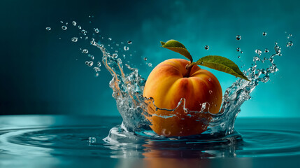 A ripe peach with a green leaf is splashing water droplets around it