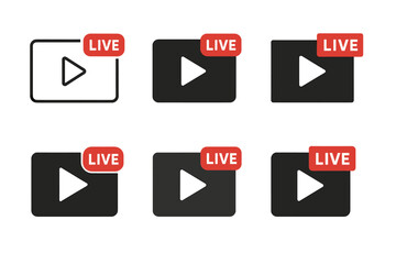 Live Stream Logo Variations. Online streaming events and live broadcasts. Set Logo of Online streaming events and live broadcasts: video window with red LIVE