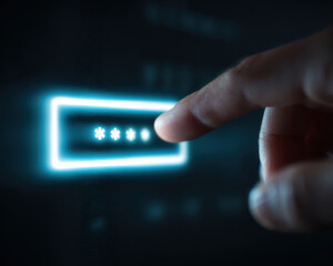 Hand is pointing towards glowing password input field on digital screen, symbolizing security and technology