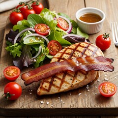 Grilled chicken breast with bacon and a fresh mixed green salad sits on a rustic wooden board, showcasing a delicious and healthy meal.