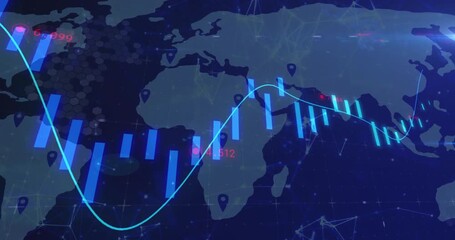 Grid revealing, bars appearing and trend line oscillating over world map to visualize market trends - Powered by Adobe